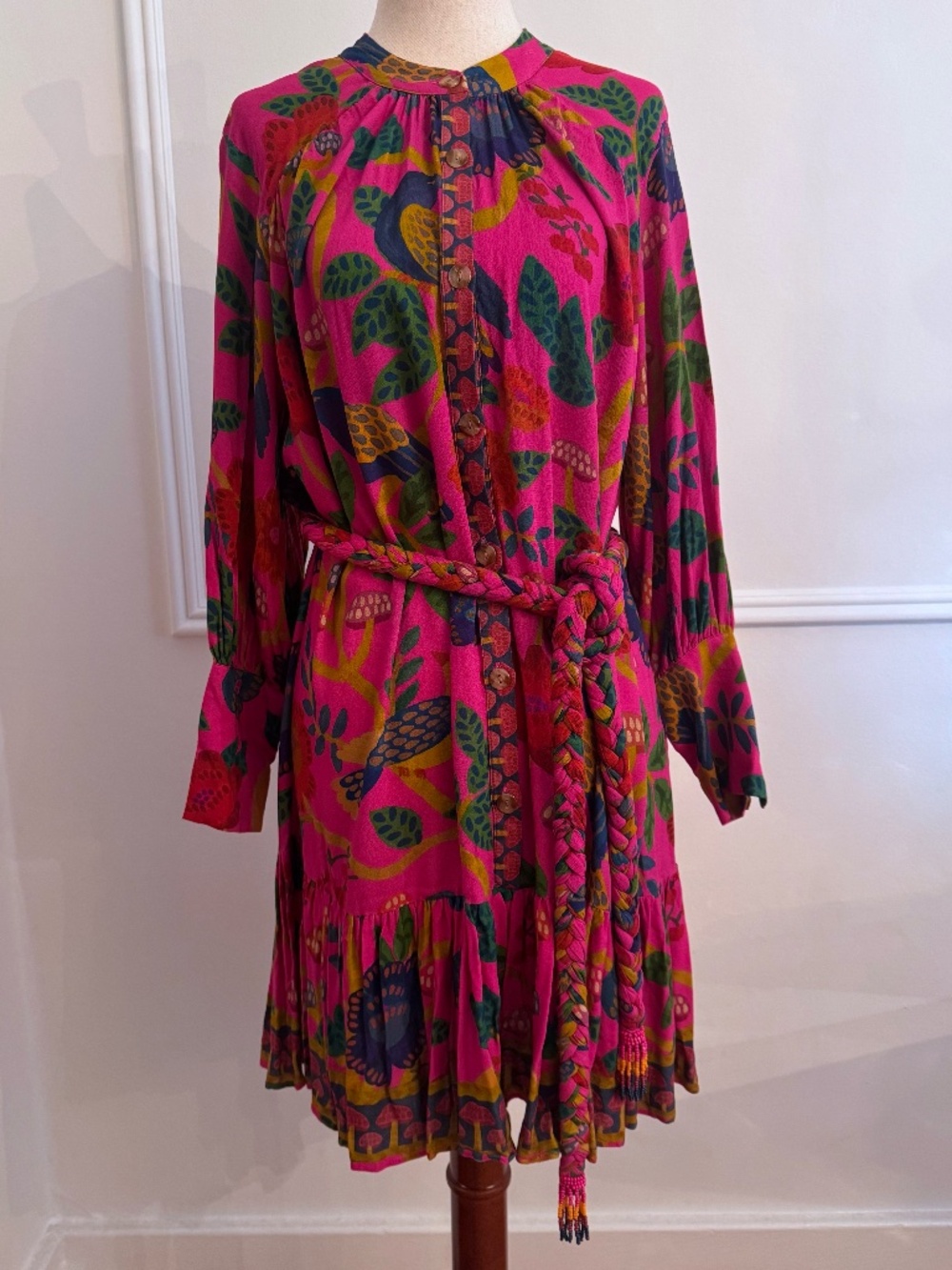 FARM Rio Sweet Forest Pink Mini Dress Braided Tie Belt Long Sleeve NWT XS